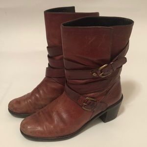 Stuart Weitzman Moto Boot Brown Leather Block Heel Buckle Women's Size 6.5 M